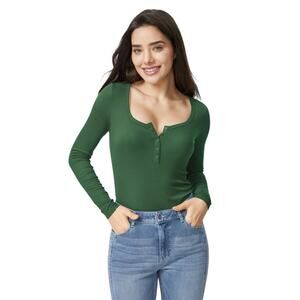 Halara Ribbed Henley Neck Long sleeve shirt dark green casual women's XL